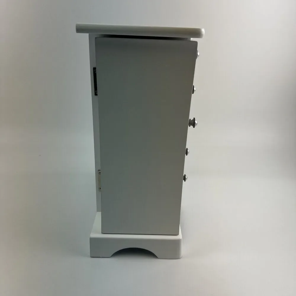 White Solid Wood Jewelry Box Tower Style 4 Drawers Organizer Side Doors Necklace